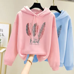 Women Fashion Feather Printed Hoodies Autumn Winter Plus Velvet Casual Loose Sweatshirt (Copy)