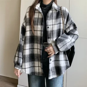 AOSSVIAO 2025 Thickened Woolen Plaid Shirt Women Loose Mid-Length Autumn Winter New Blouse Versatile Button Trendy Outerwear